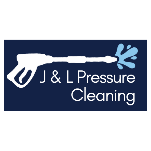 Logo of J & L Pressure Cleaning featuring a stylized pressure washer gun in white on a dark blue background